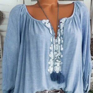 2XL Long Sleeve V Neck Fringed Summer Boho shirt